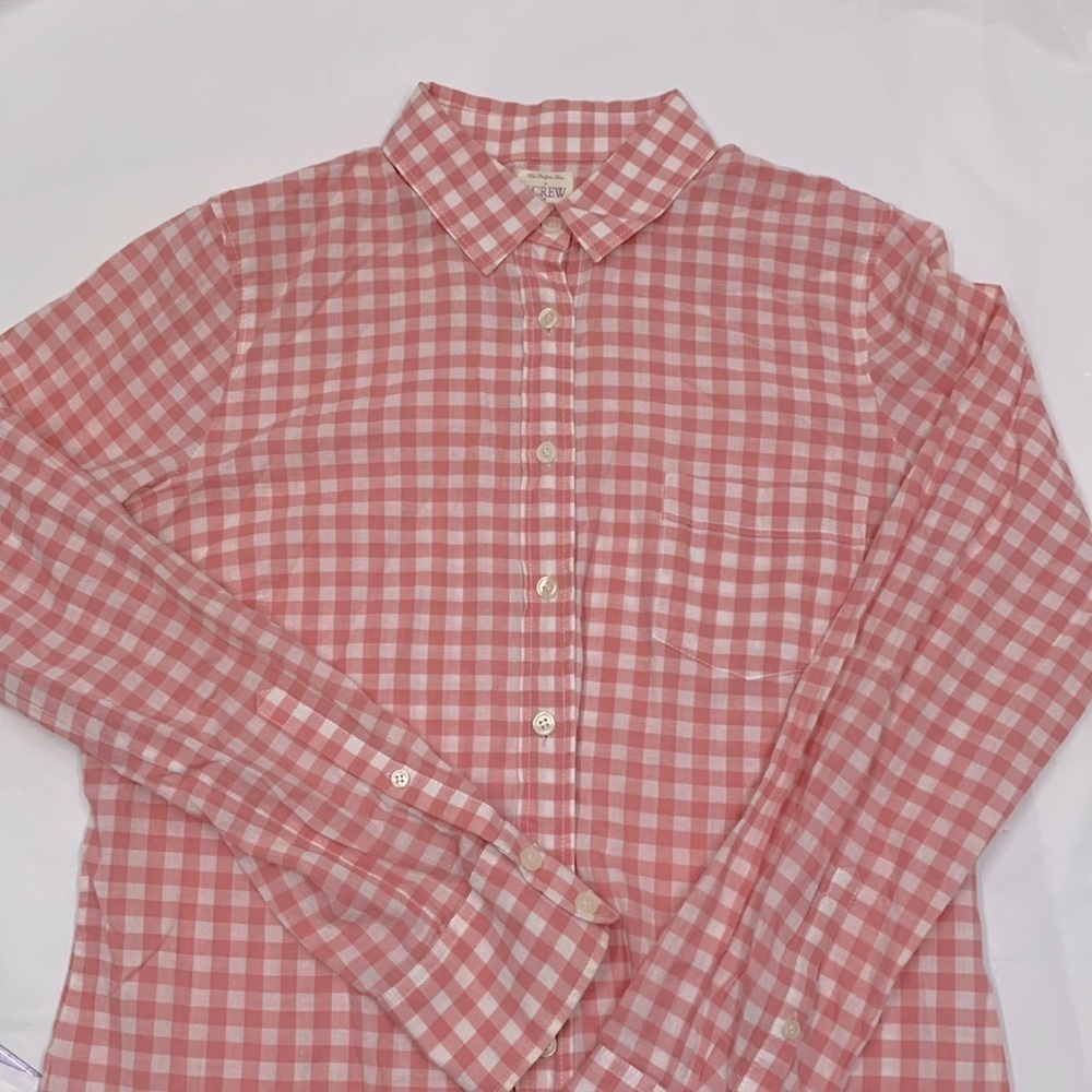 Women J Crew White Pink Checker The Perfect Shirt Button Long Sleeve Size S